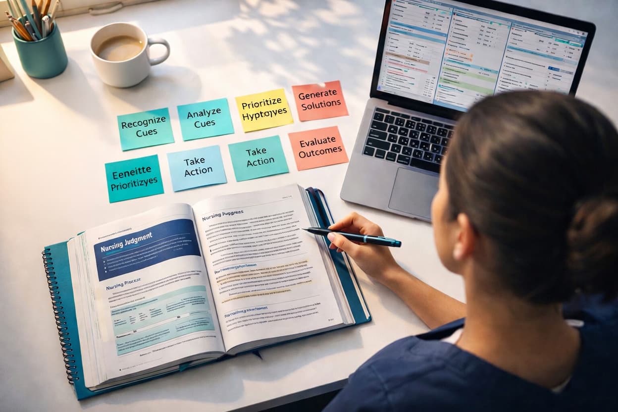 Diagram showing the six CJMM clinical judgment steps for NCLEX