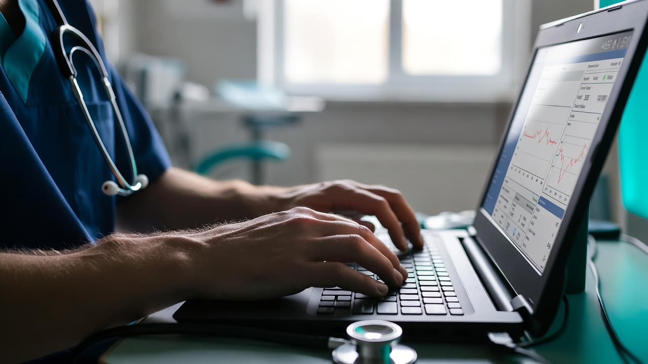 Nurse documenting patient care on a laptop