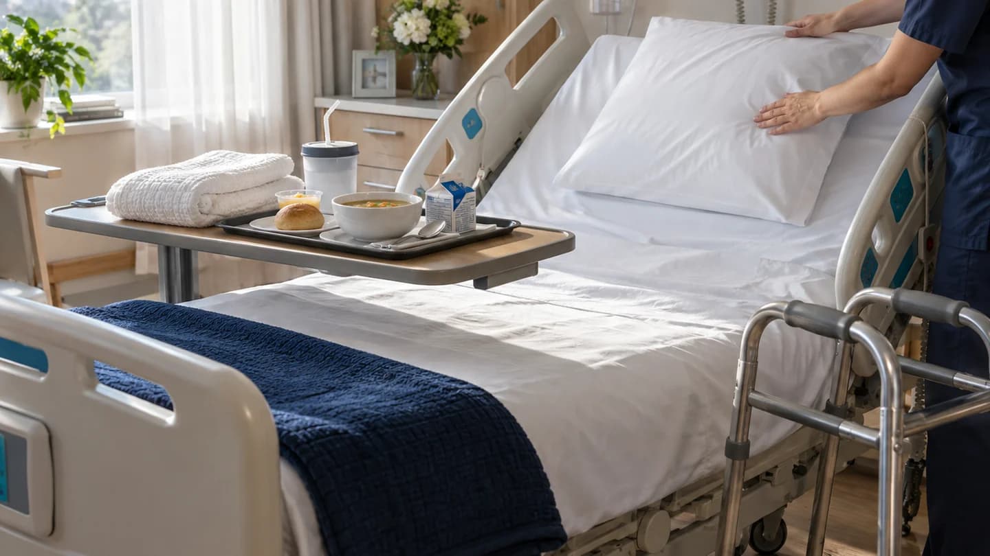 A nurse smoothing the pillow of a made hospital bed beside a meal tray and a walker