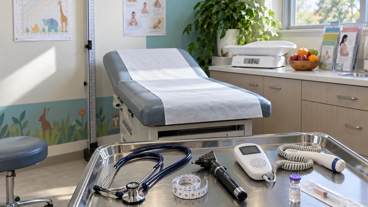 A well-child clinic room with an exam table, infant scale, growth chart and screening tools