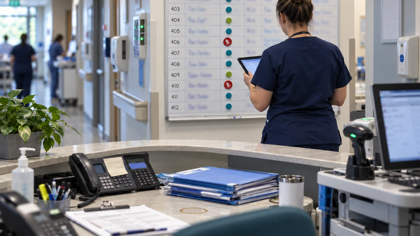 A charge nurse reviewing the patient assignment board at a hospital nurses’ station