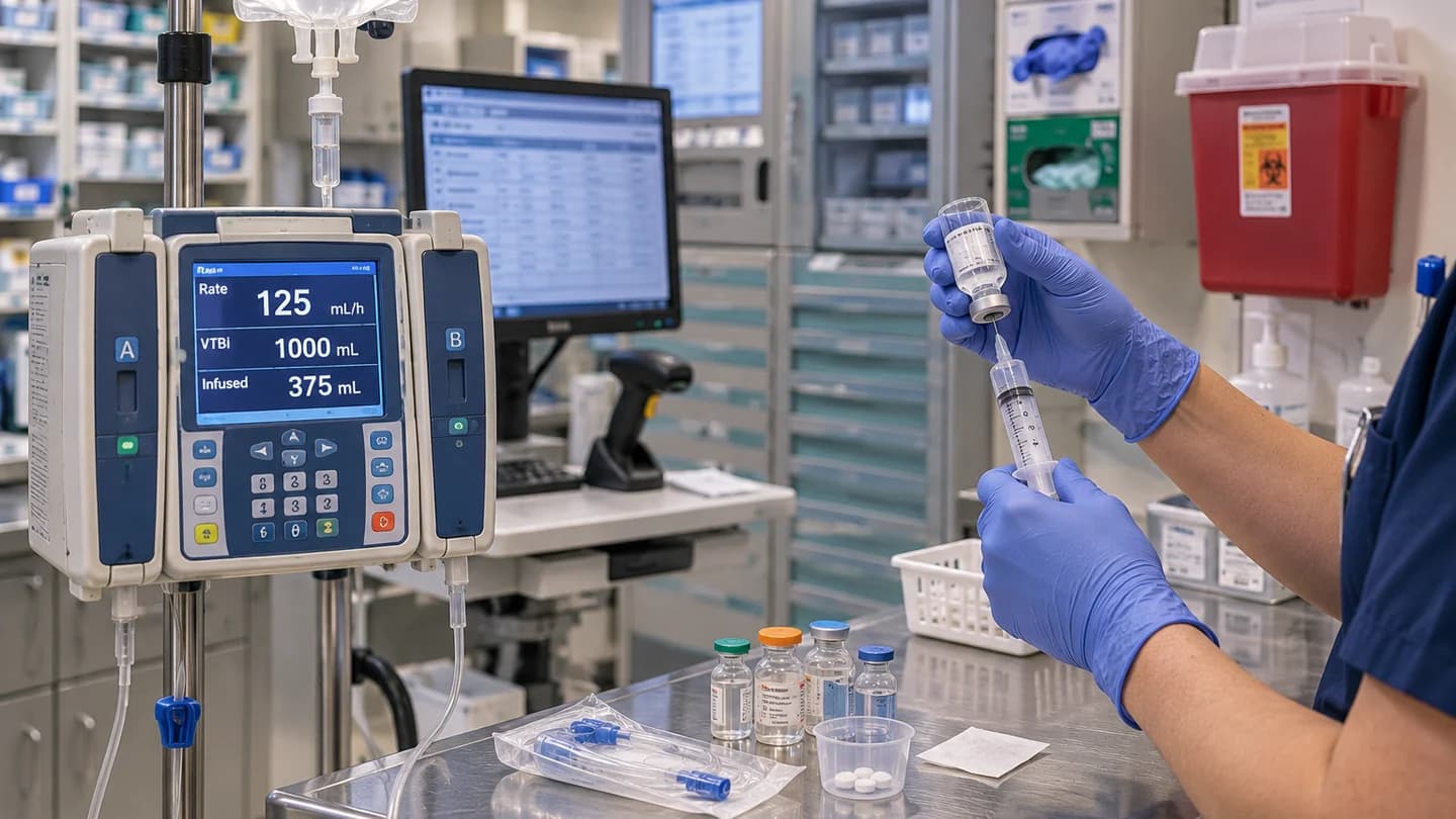 A nurse drawing up medication from a vial in a medication room, next to an infusion pump