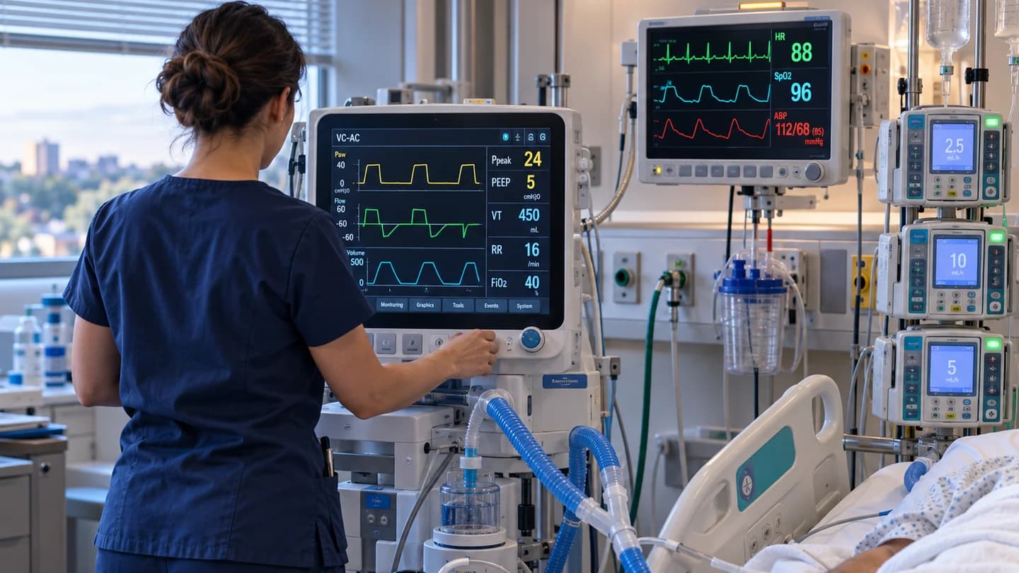 An intensive-care bay with a ventilator, a patient monitor and infusion pumps