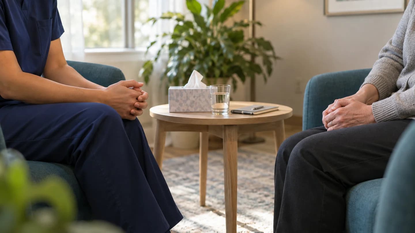 A nurse and a patient seated across a small table in a quiet counselling room