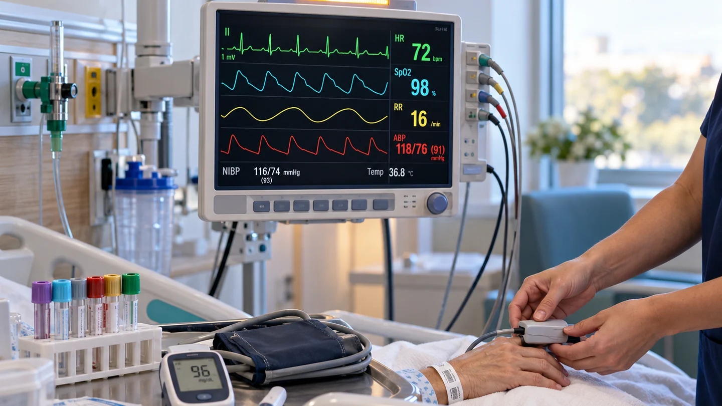 A bedside patient monitor showing vital signs while a nurse clips a pulse oximeter onto a patient’s finger