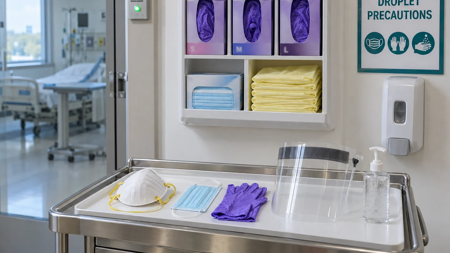A PPE station outside an isolation room: respirator, surgical mask, gloves, face shield and hand rub