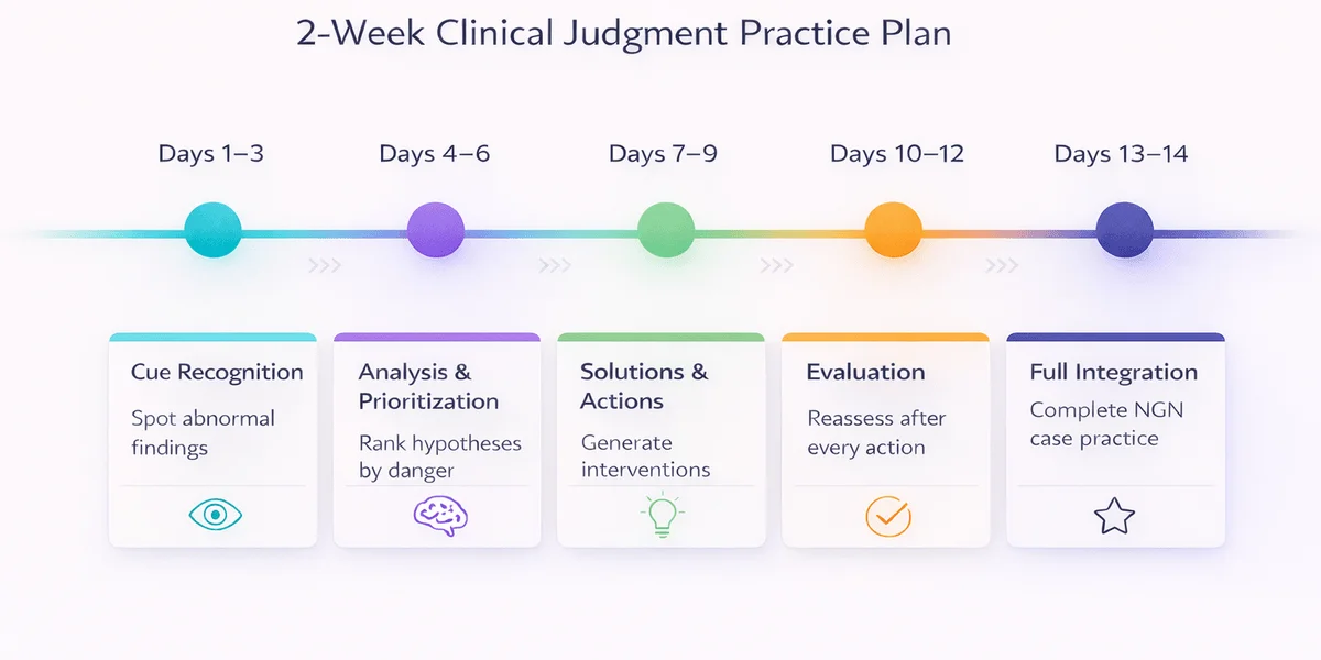 2-week clinical judgment study plan timeline showing 5 phases from Cue Recognition to Full NCJMM Integration