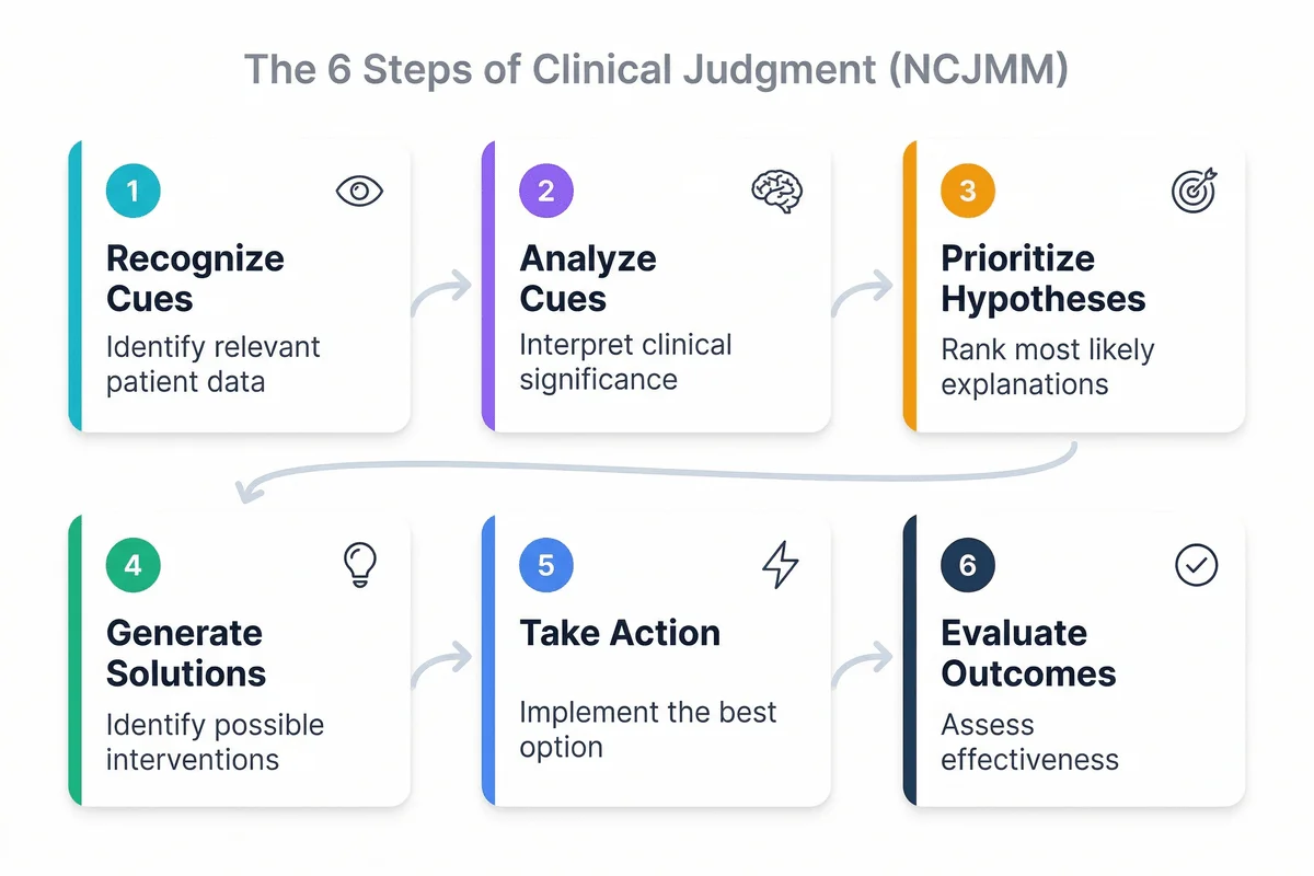 The 6 steps of the NCSBN Clinical Judgment Measurement Model: Recognize Cues, Analyze Cues, Prioritize Hypotheses, Generate Solutions, Take Action, Evaluate Outcomes