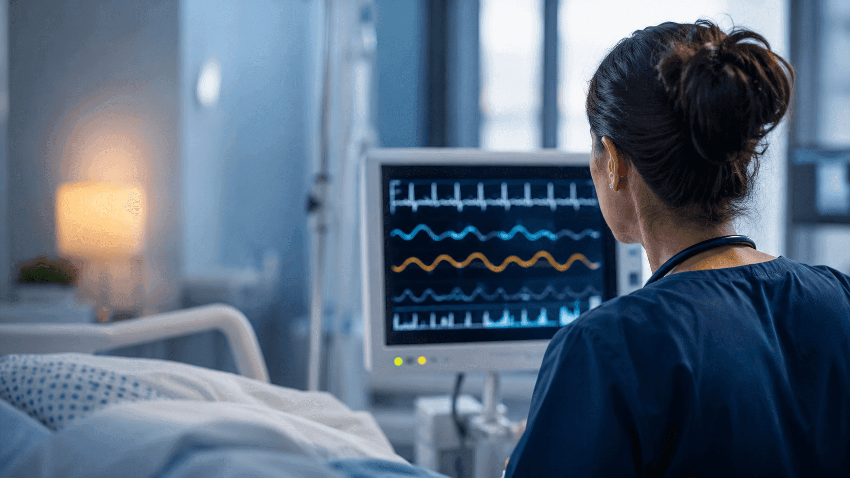 Nurse reviewing patient information on a bedside monitor during an NGN-style clinical judgment scenario