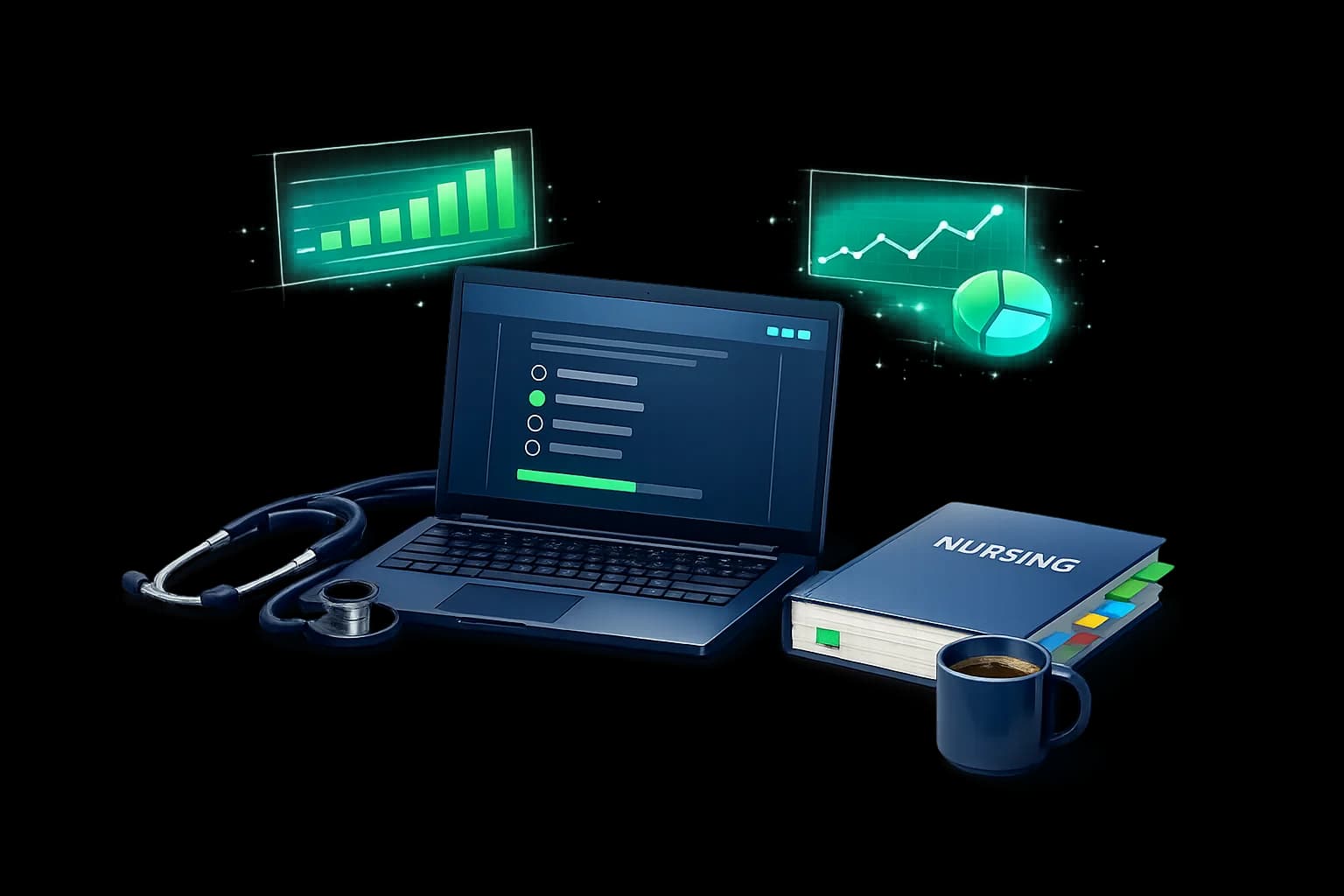 AI-powered NCLEX exam preparation platform showing adaptive quiz interface with study tools